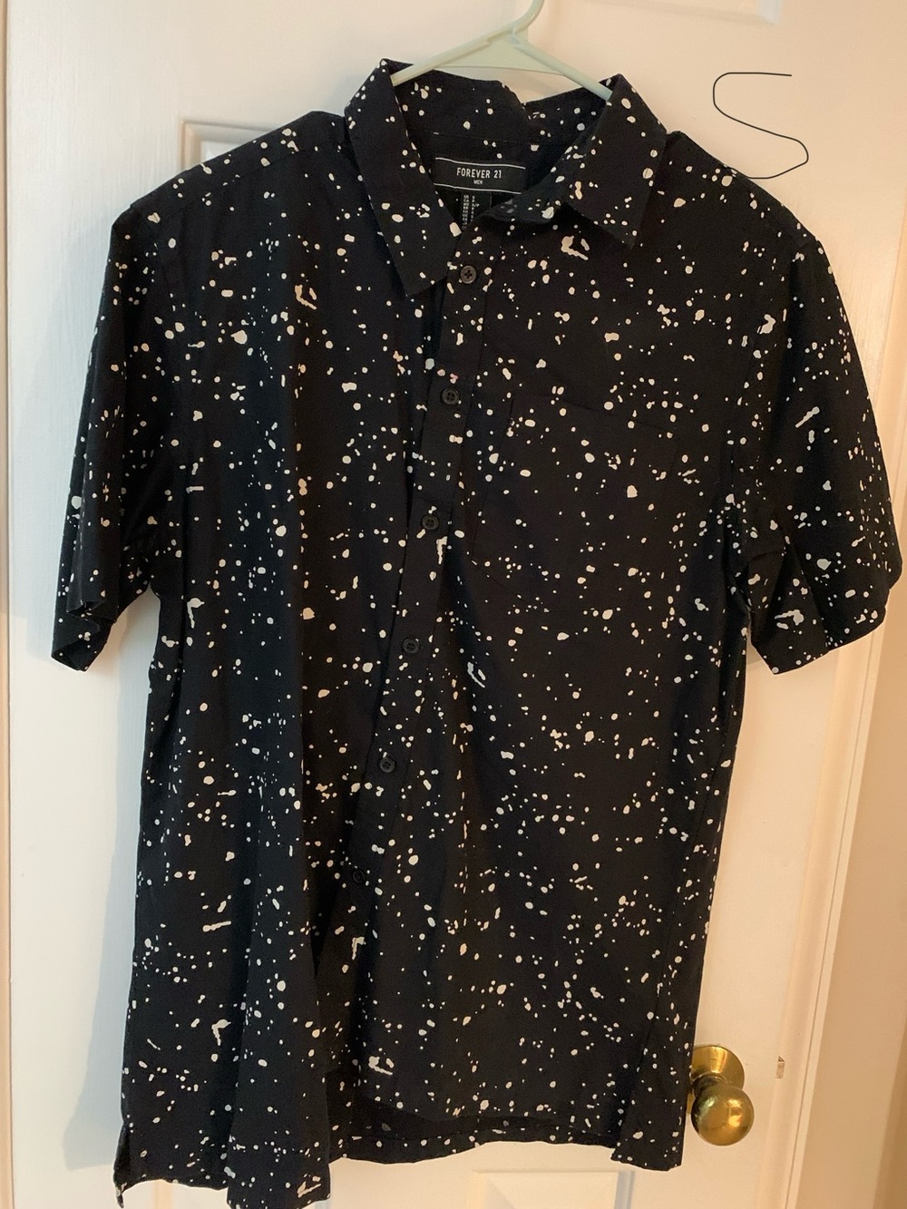 Forever 21 Black Short-Sleeve Button-Down Shirt with White Speckle Print